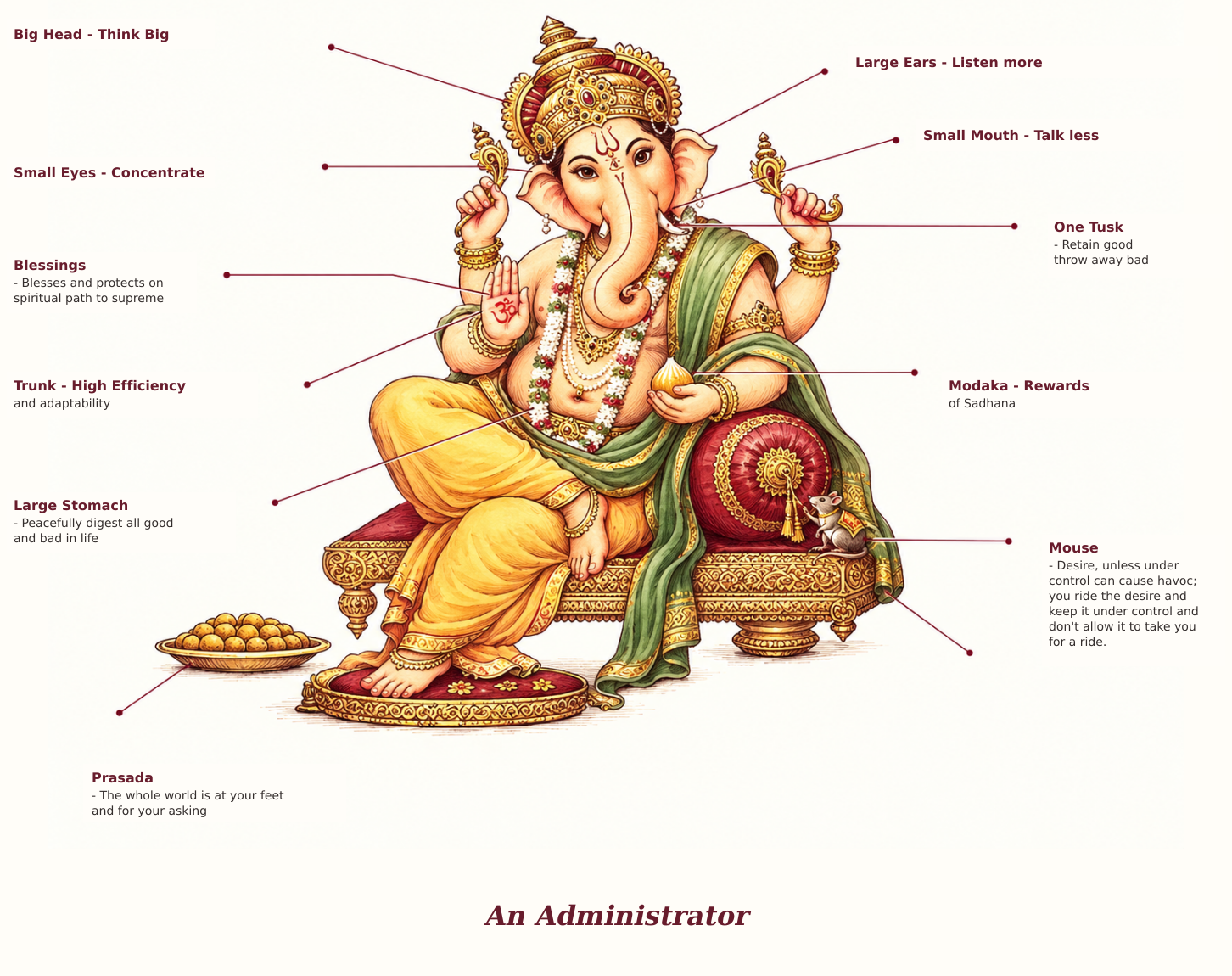 Lord Ganesha: An Administrator, with leadership principles and explanatory labels